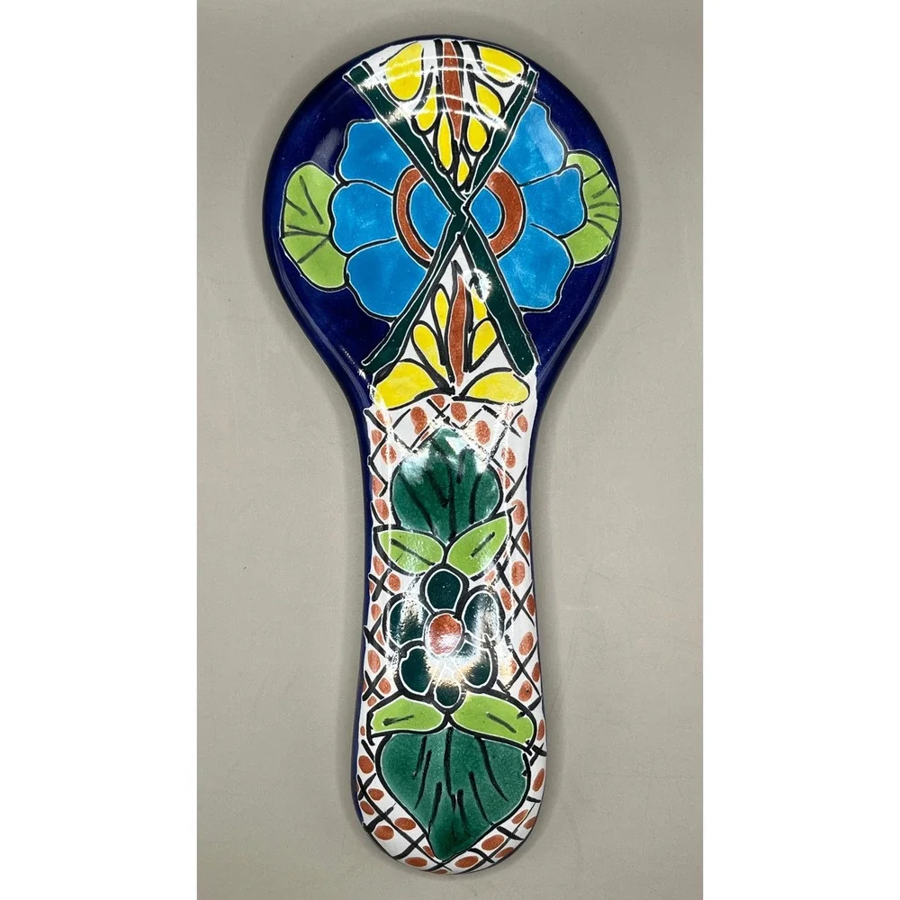 Talavera Pottery Spoon Rest Hand Painted Floral Mexican Folk Art Blue 10